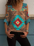 Printed V-Neck Off-Shoulder Short Sleeve T-Shirt Shopvhs.com