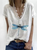 Printed V-neck Short Sleeve Lace Casual T-shirt Shopvhs.com