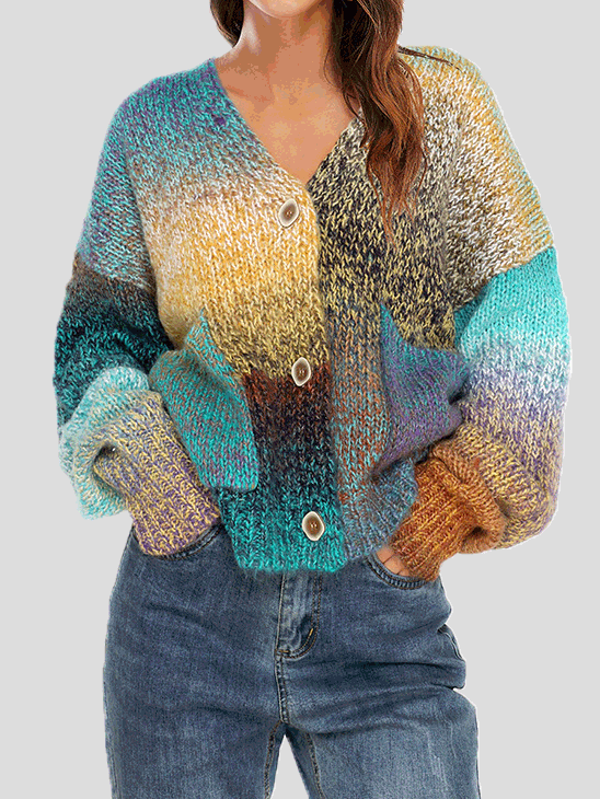 Rainbow Pocket Button Long Sleeve Sweater Cardigan Shopvhs.com