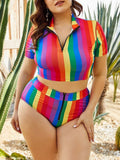 Rainbow Striped Zip Up High Waist Split Two-piece Swimsuit Shopvhs.com