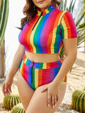 Rainbow Striped Zip Up High Waist Split Two-piece Swimsuit Shopvhs.com