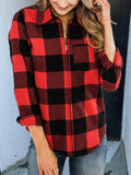 Red Plaid Long Sleeve Zipper Coat Shopvhs.com