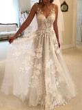 A-Line/Princess Sweep/Brush Train V-neck Sleeveless Applique Tulle Wedding Dresses