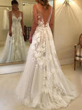 A-Line/Princess Sweep/Brush Train V-neck Sleeveless Applique Tulle Wedding Dresses