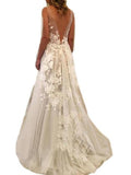 A-Line/Princess Sweep/Brush Train V-neck Sleeveless Applique Tulle Wedding Dresses