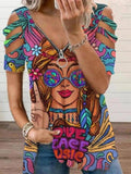 Beauty Image V-Neck Zipper Cutout Short Sleeve T-Shirt