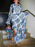 Blue And White Porcelain Print Long V Neck Dress