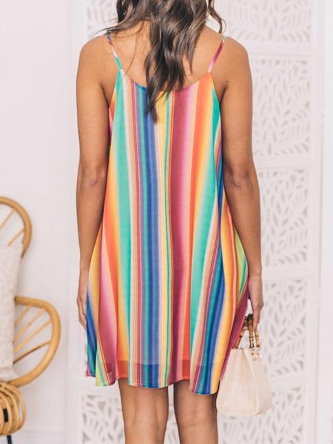 Bohemian Multicolor Striped Chiffon Sleeveless Sling Beach Short Dress
