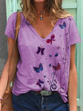 Butterfly Print Short-sleeved V-neck T-shirt