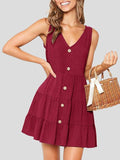 Button Sleeveless V-neck A-line Dress