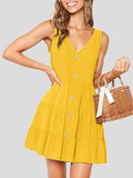 Button Sleeveless V-neck A-line Dress