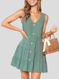 Button Sleeveless V-neck A-line Dress