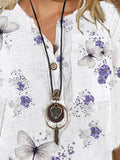 Buttoned Mid-sleeve Butterfly Print Shirt