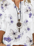 Buttoned Mid-sleeve Butterfly Print Shirt