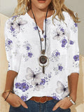 Buttoned Mid-sleeve Butterfly Print Shirt