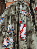 Fashionable Floral Low V Neck Back Lace Up Waist Cutout Pleated Dress