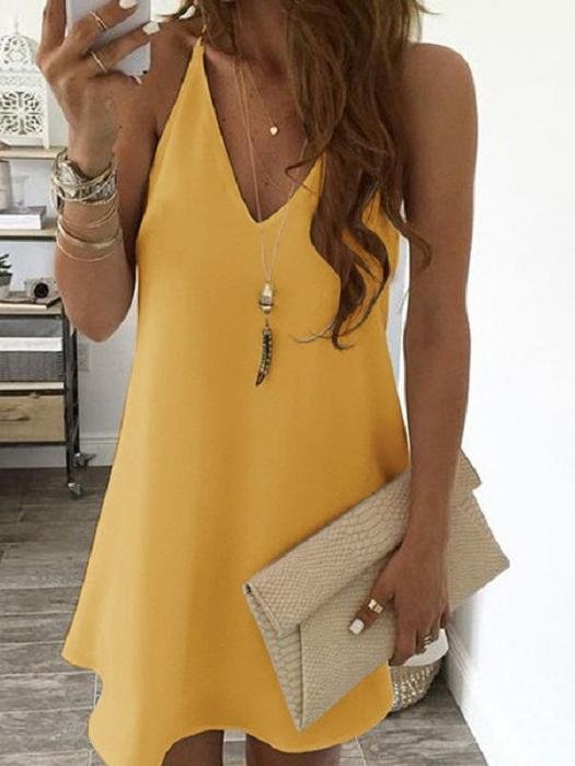 Casual Solid Color Sleeveless Suspender Mini Skirt