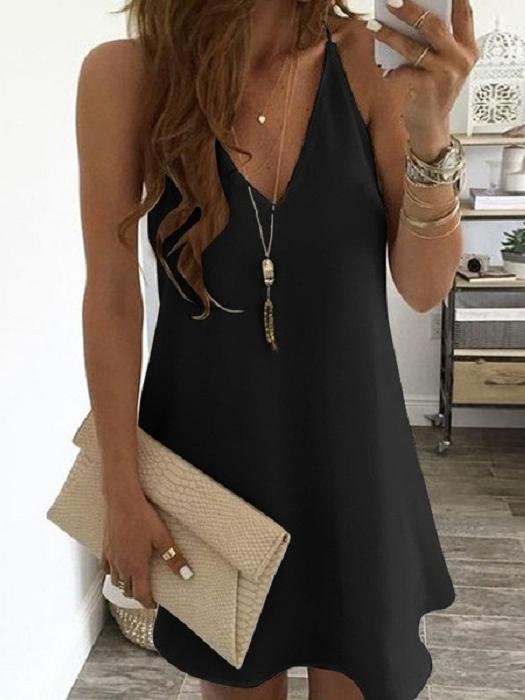 Casual Solid Color Sleeveless Suspender Mini Skirt