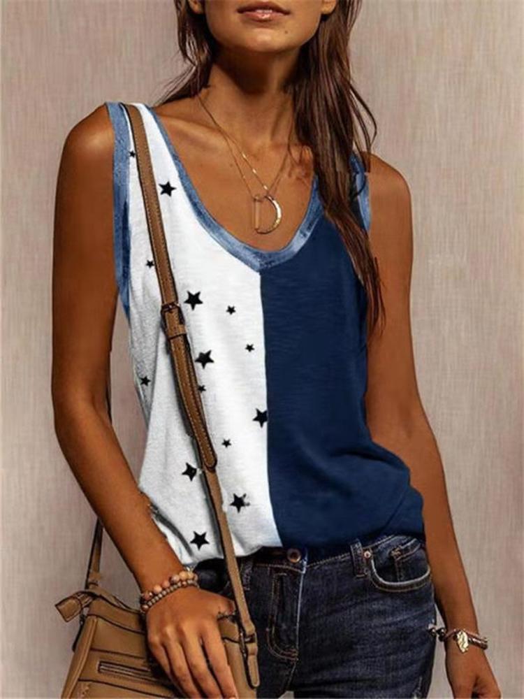 Casual Star Print Colorblock Sleeveless Vest