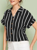 Casual Striped-breasted Lapel Loose Bat Sleeve Ladies Shirt