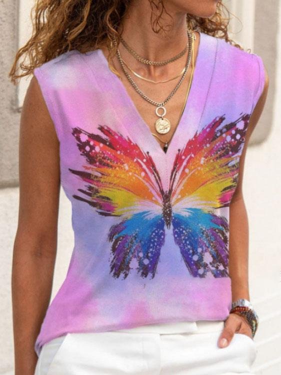 Casual Tie-dye Butterfly Print V-neck Sleeveless Vest
