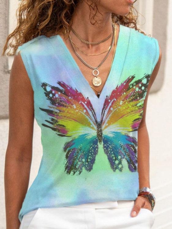 Casual Tie-dye Butterfly Print V-neck Sleeveless Vest