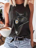 Cat Print Casual Round Neck Sleeveless Tank Top