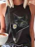 Cat Print Casual Round Neck Sleeveless Tank Top