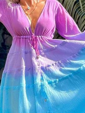 Colorblock Long Sleeve Deep V Midi Dress