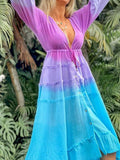 Colorblock Long Sleeve Deep V Midi Dress