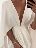 Deep V Cloak Solid Long Sleeve Dress