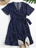 Dotted Tie Waist Ruffles Mini Dress