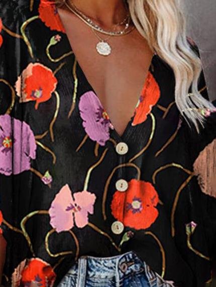 Fashion V-neck Bat Sleeve Floral Print Blouse