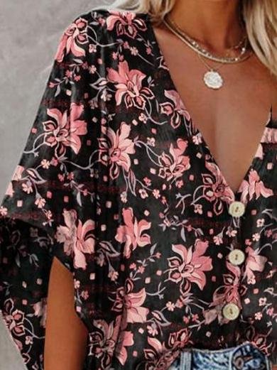 Fashion V-neck Bat Sleeve Floral Print Blouse