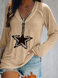 Five-pointed Star Zipper V-neck Long-sleeved T-shirt