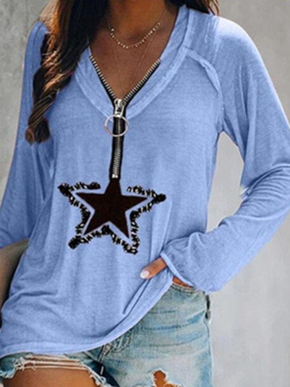 Five-pointed Star Zipper V-neck Long-sleeved T-shirt