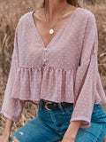 Flared Sleeve V-Neck Jacquard Blouses