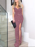 Hot-Stamped Slit V-Neck Sleeveless Dress