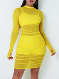 3 Piece Long Sleeve Ruched Sheer Mesh Bodycon Dresses