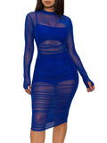 3 Piece Long Sleeve Ruched Sheer Mesh Bodycon Dresses