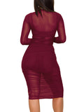 3 Piece Long Sleeve Ruched Sheer Mesh Bodycon Dresses