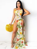 Floral Print Mesh Split Maxi Dresses Cover up