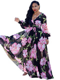 Chiffon Floral Printed V Neck Wrap Boho Maxi Dresses