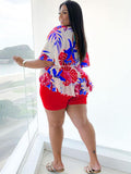 Plus Size Lace Up Ruffle Sleeve Floral Shorts Set