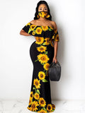 Off Shoulder Gradient Color Ruffle Floral Print Maxi Dresses