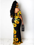 Off Shoulder Gradient Color Ruffle Floral Print Maxi Dresses