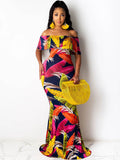 Off Shoulder Gradient Color Ruffle Floral Print Maxi Dresses