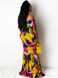 Off Shoulder Gradient Color Ruffle Floral Print Maxi Dresses