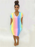 Short Sleeve Multicolor Rainbow Stripe Bodycon Dresses