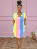 Short Sleeve Multicolor Rainbow Stripe Bodycon Dresses